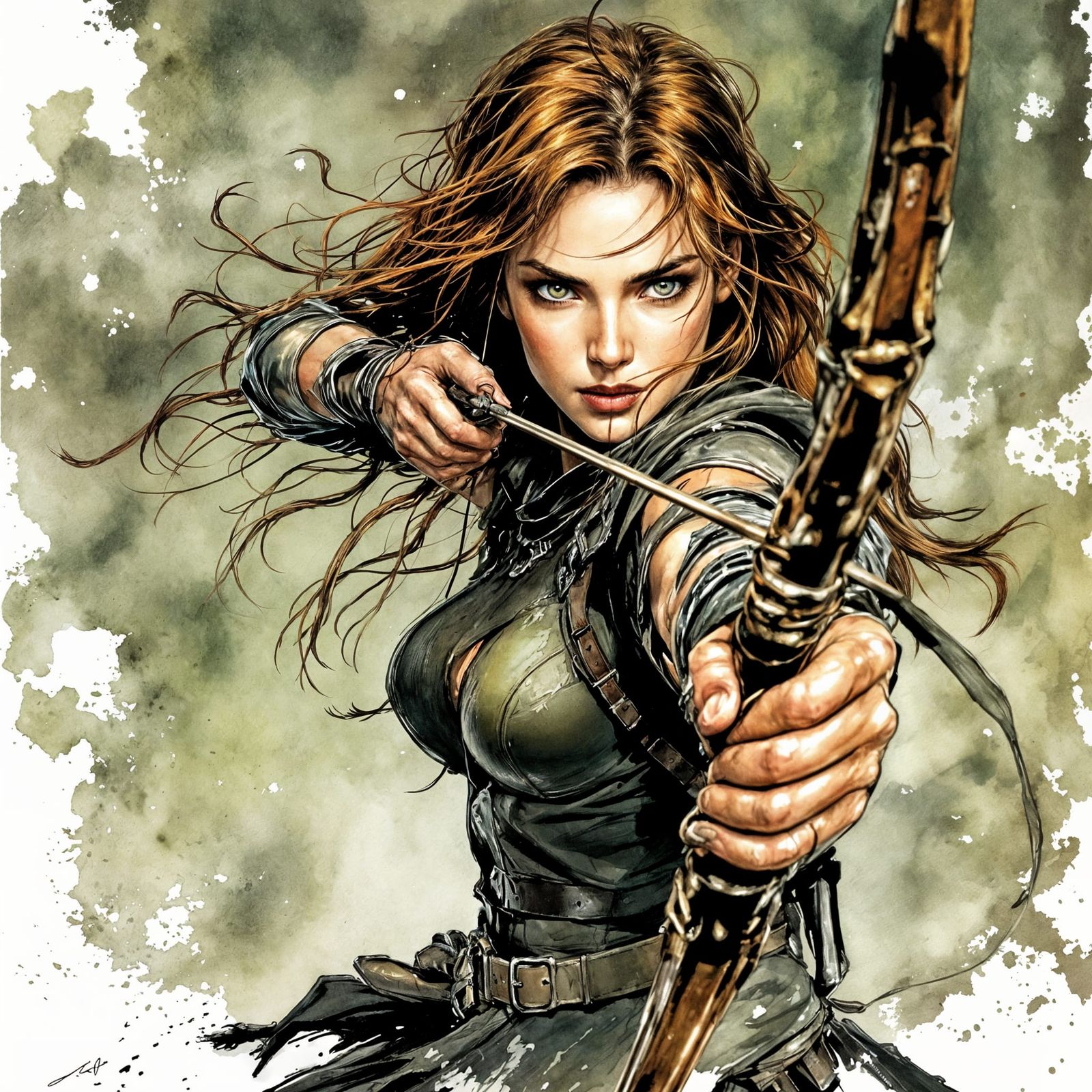 Forest Ranger Lady Firing Bow in Abstract Ink Style