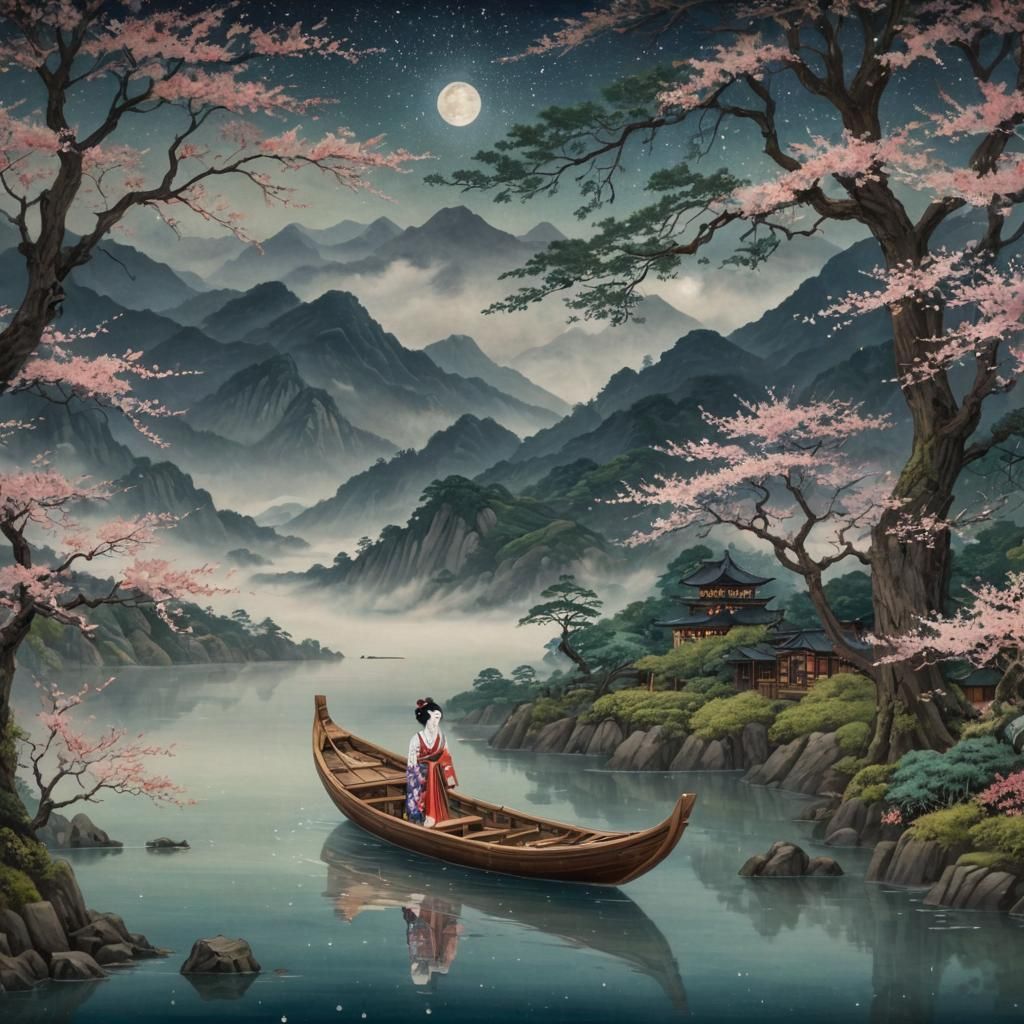 Geisha in Boat Amidst Mystical Mountains