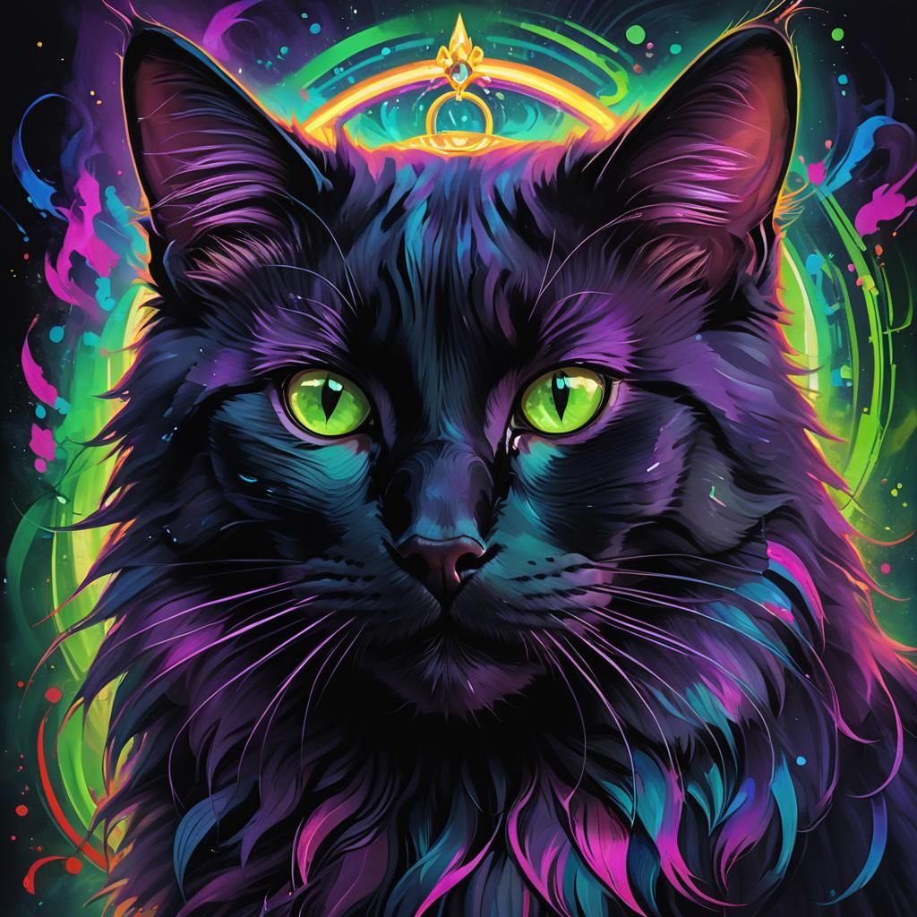 Neon Halo Portrait of a Regal Black Cat