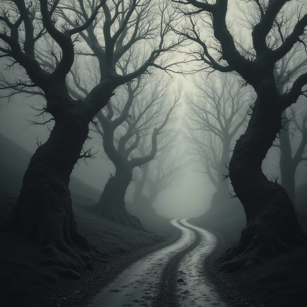 Twisted Road in Monochromatic Despair, Tim Burton-esque Atmo...