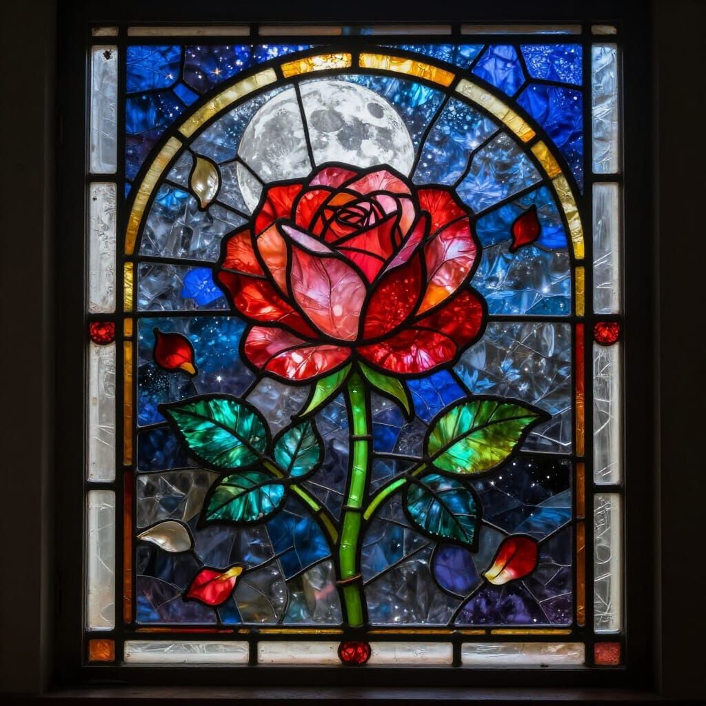 Luminous Stained Glass Rose in Ornate Case Under Moonlight
