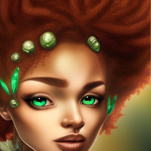 Hyperrealistic Brown Fairy Portrait with Afro and Green Eyes