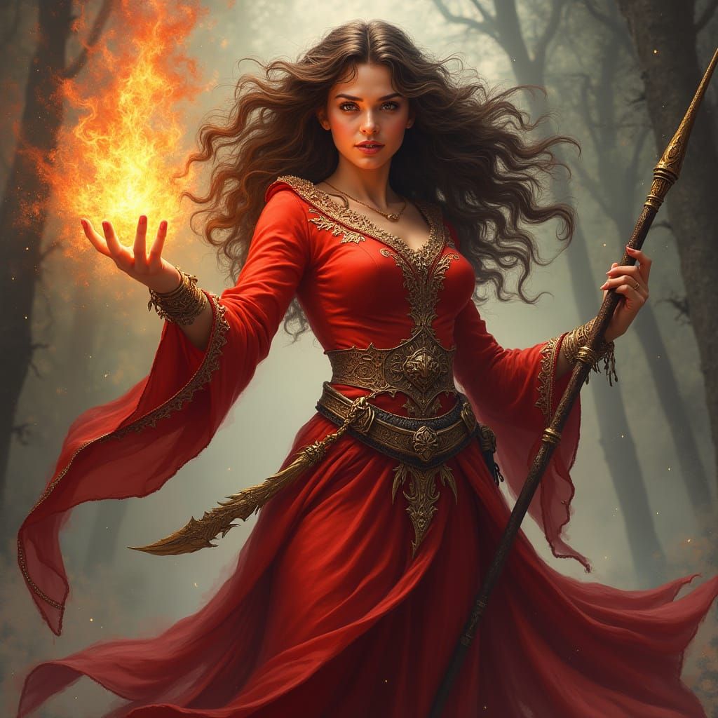 Majestic Red-Robed Wizardess Unleashes Fiery Magic