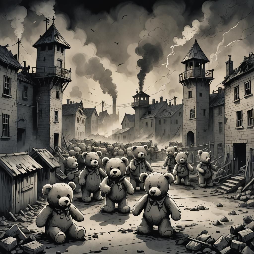 Teddy Bears in Dark Cartoon Concentration Camp
