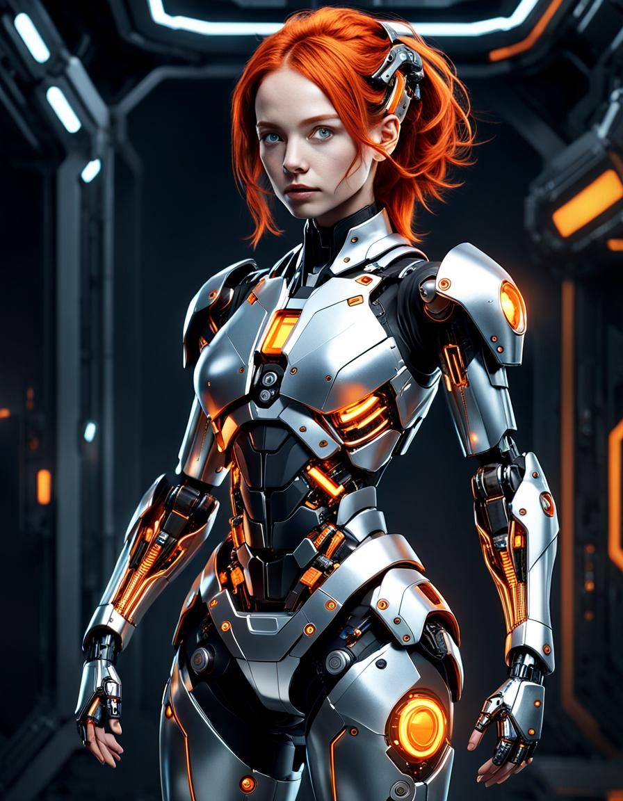 Futuristic Female Cyborg in Cyberpunk Exoskeleton