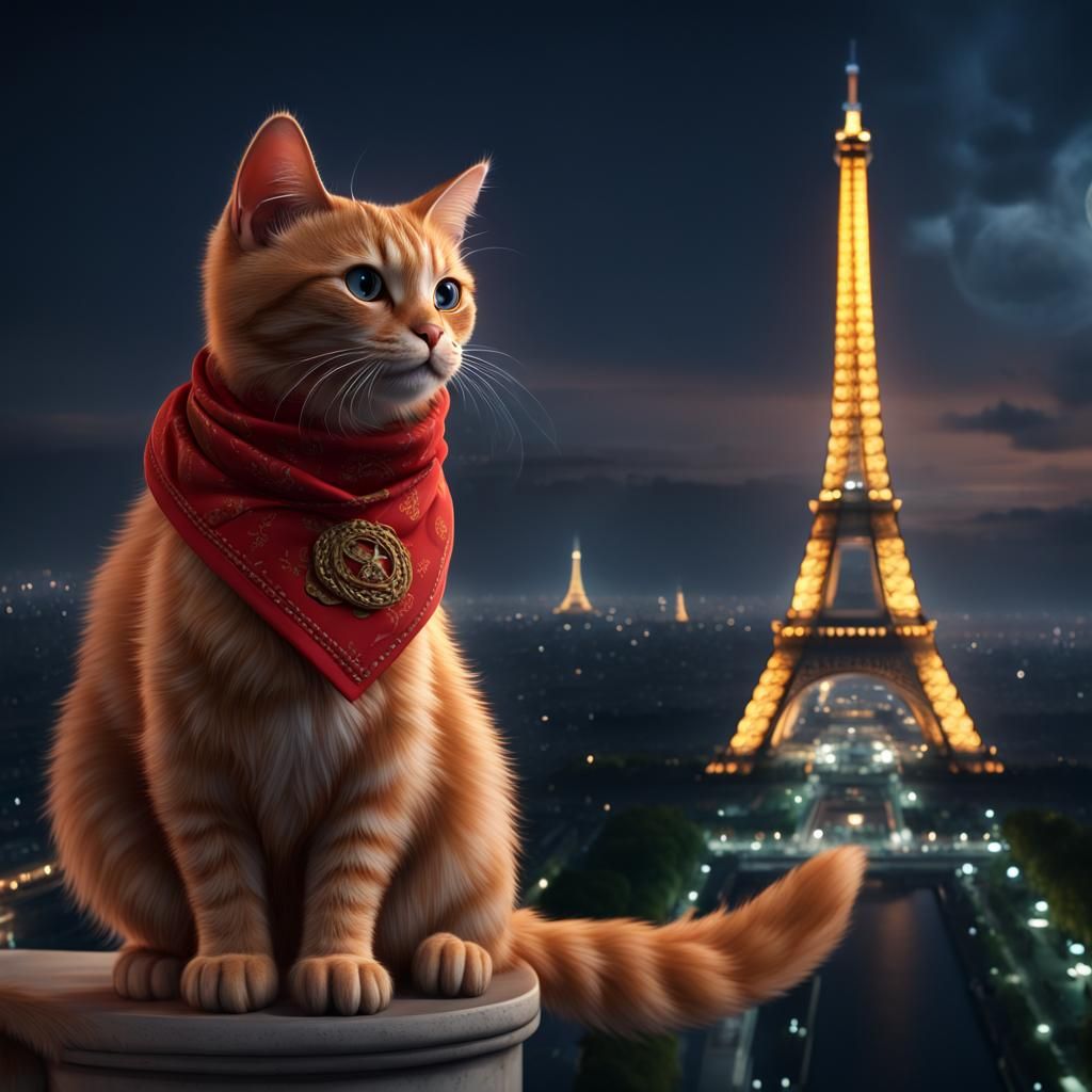 Ginger Cat on Eiffel Tower: Matte Painting