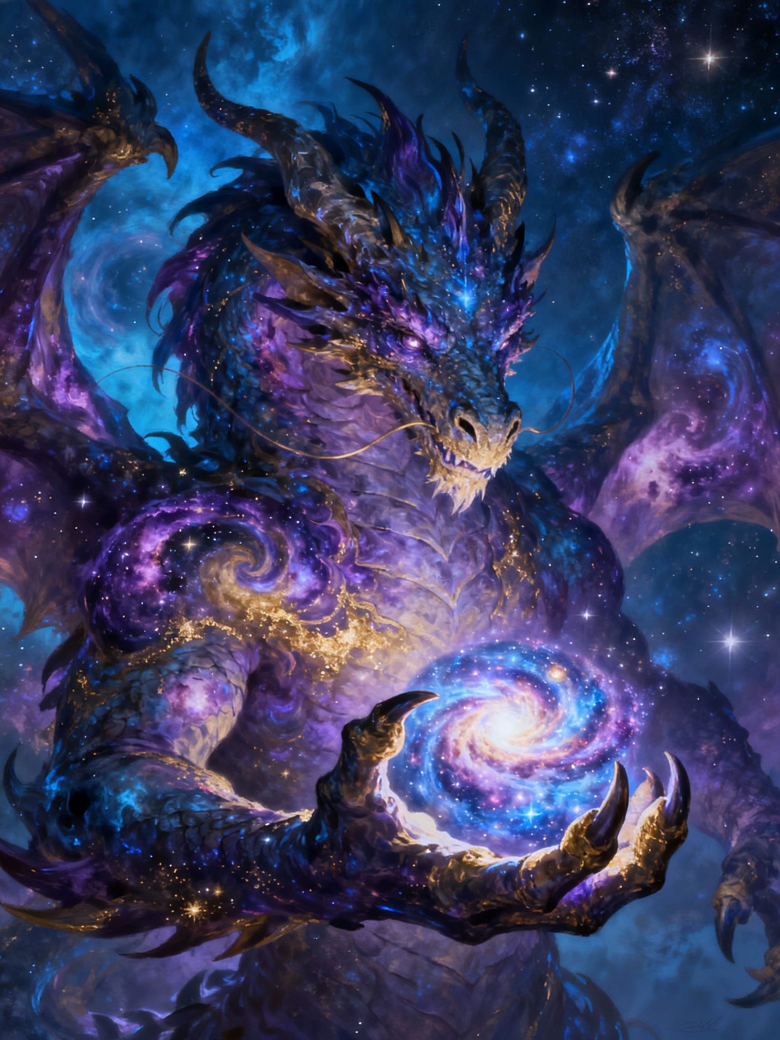 Cosmic Dragon Portrait Holding a Galaxy in Nebula Style