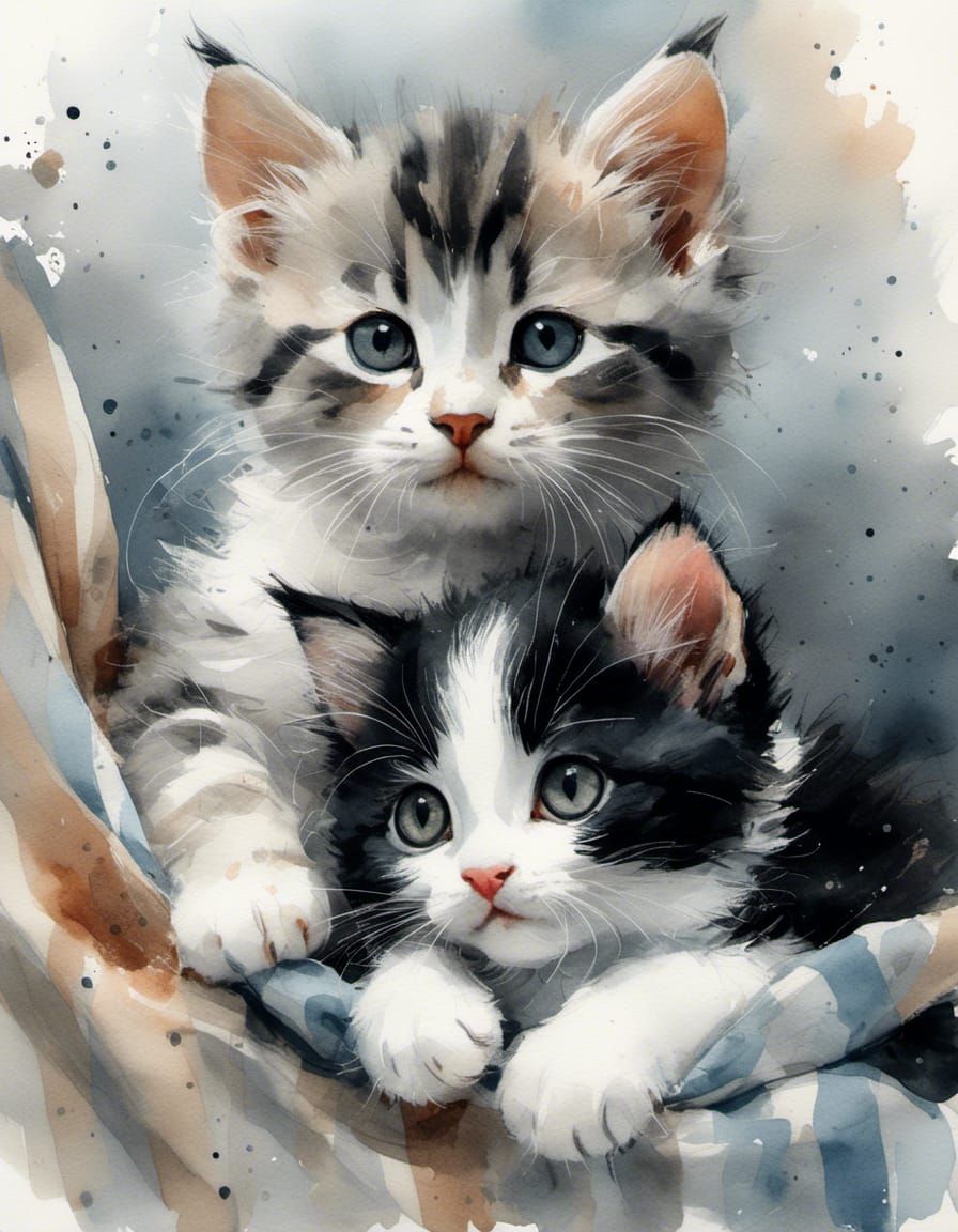 Watercolor of Tabby Cat Nursing Kittens