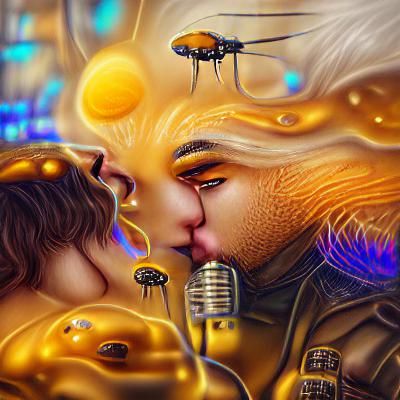 Honey Bee on Golden Honeycomb Close-Up