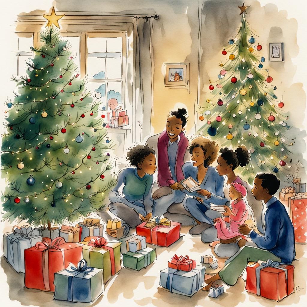 Family Christmas Morning in Watercolor Illustration