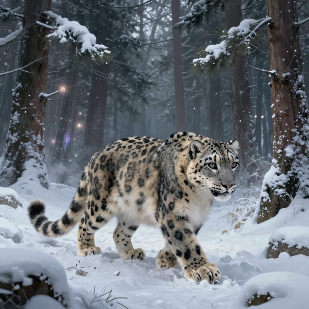 Snow Leopard in Ancient Forest with Ethereal Lights
