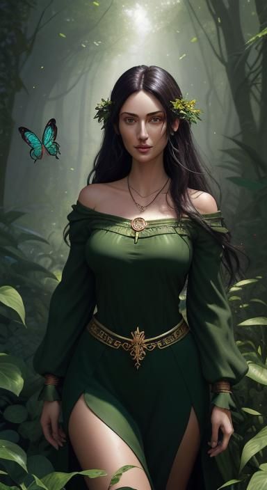 Girl Lost in Forest Maze with Flowers and Butterflies