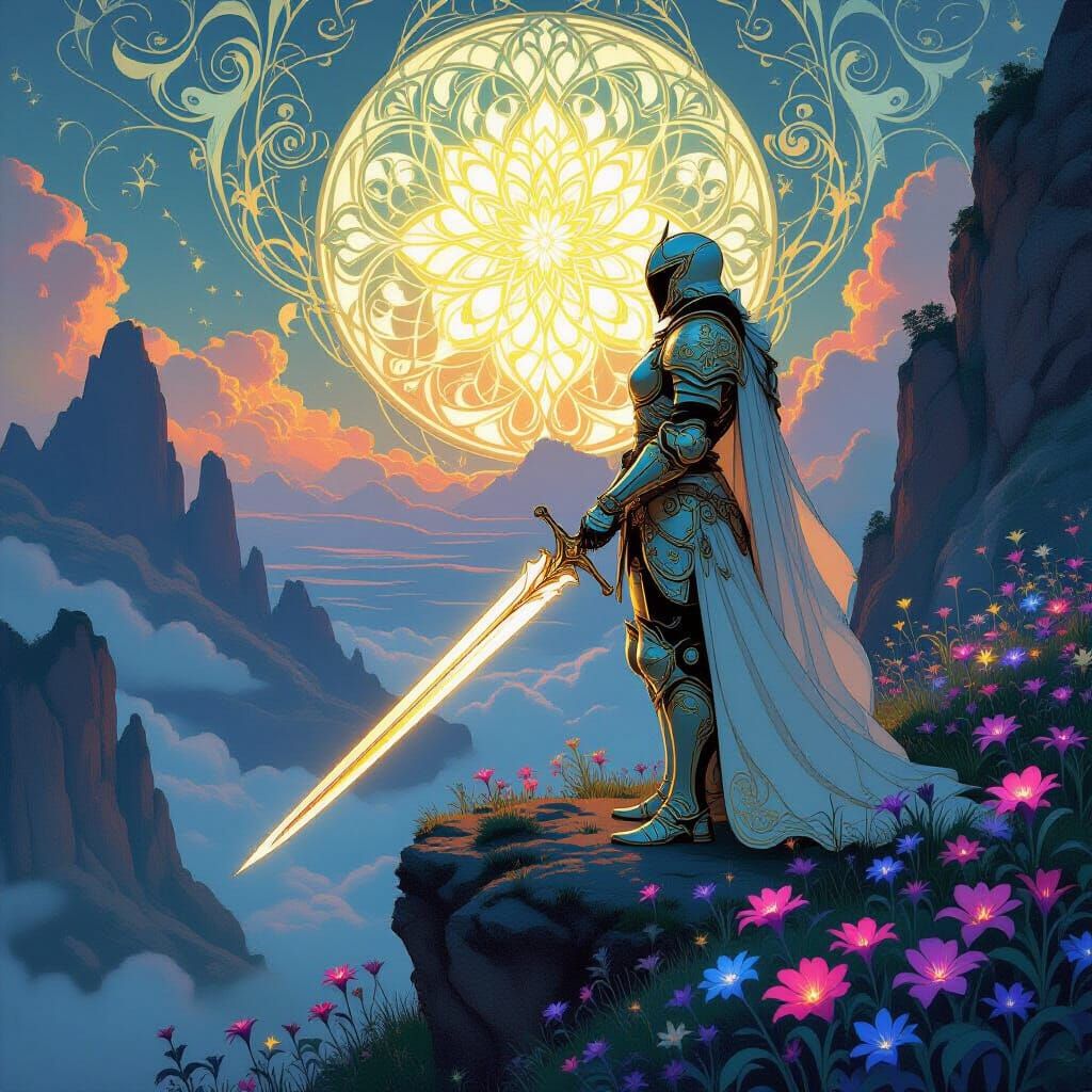 Alien Knight on Cliff in Art Nouveau Style