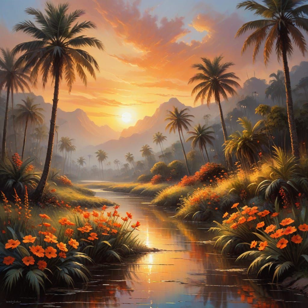 Vibrant Tropical Landscape with Palm Trees and Orange Blooms