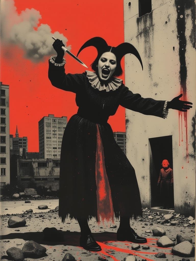 Apocalyptic Jester in Flames, Amidst a Maelstrom of Destruct...