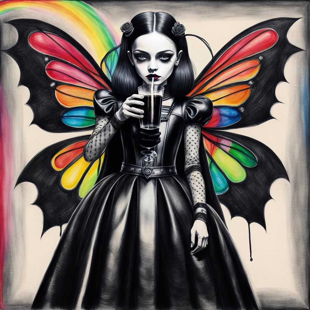 Kids Crayon drawings ,surreal child's drawing of a teenaged goth girl in black leather drinking black lemonade  rayograp...