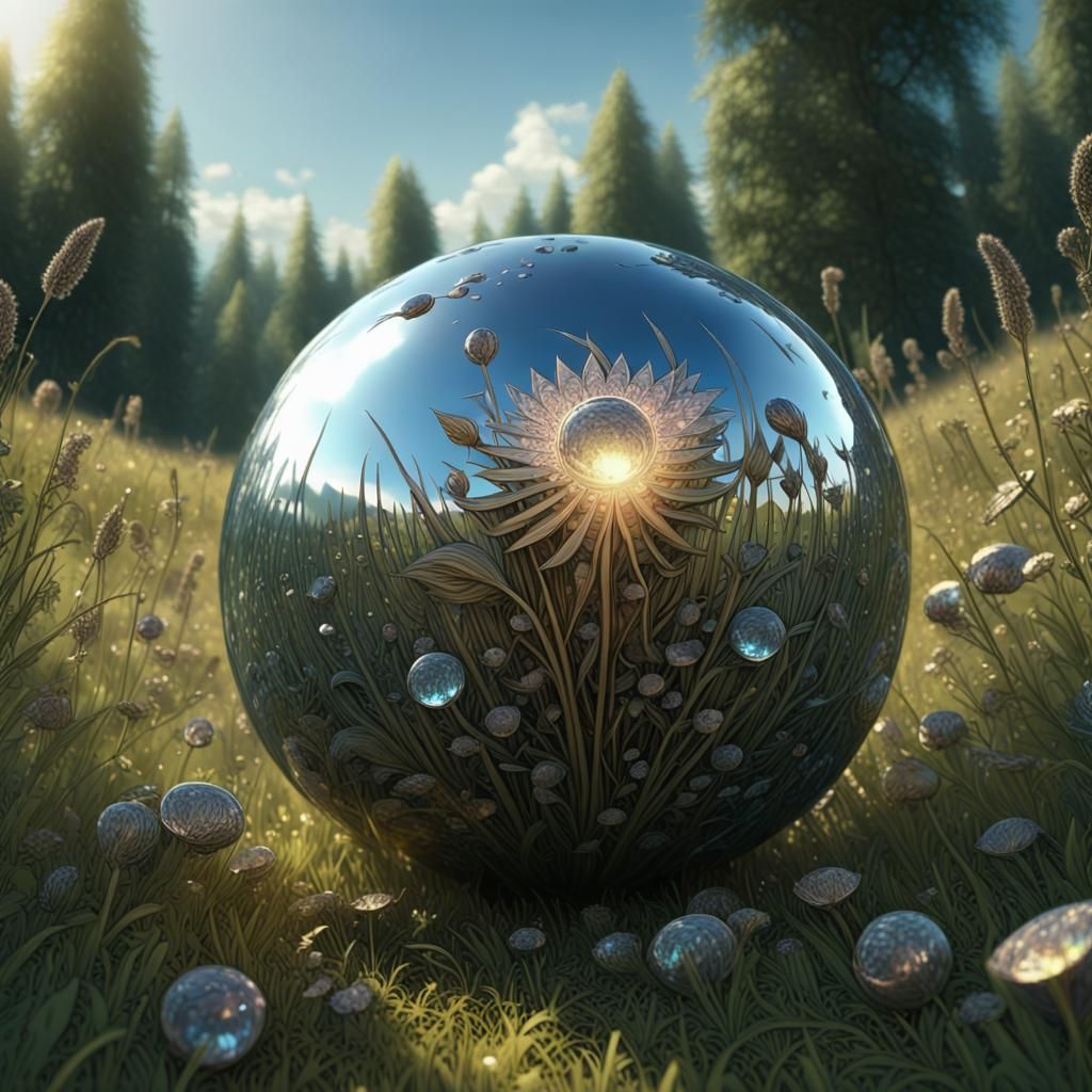 Crystallized Bowling Ball in Meadow, Digital Art