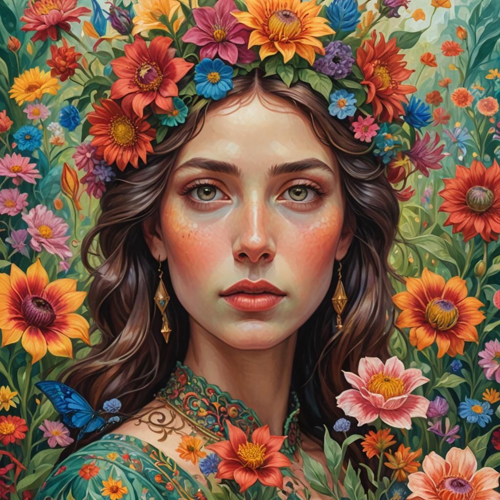 Floral Portrait in Neo-Impressionist Style