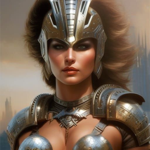 Futuristic Armored Female Warrior in Aetherpunk Style