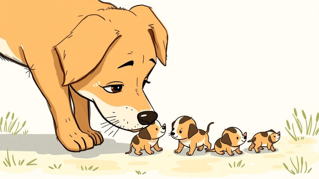 Dog Sniffs Tiny Puppies: Cartoon Illustration