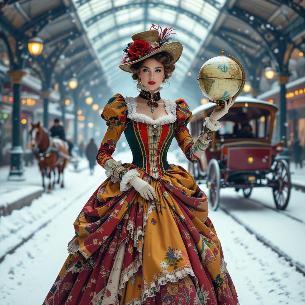 Victorian Woman Poses in Snowy Tram Station