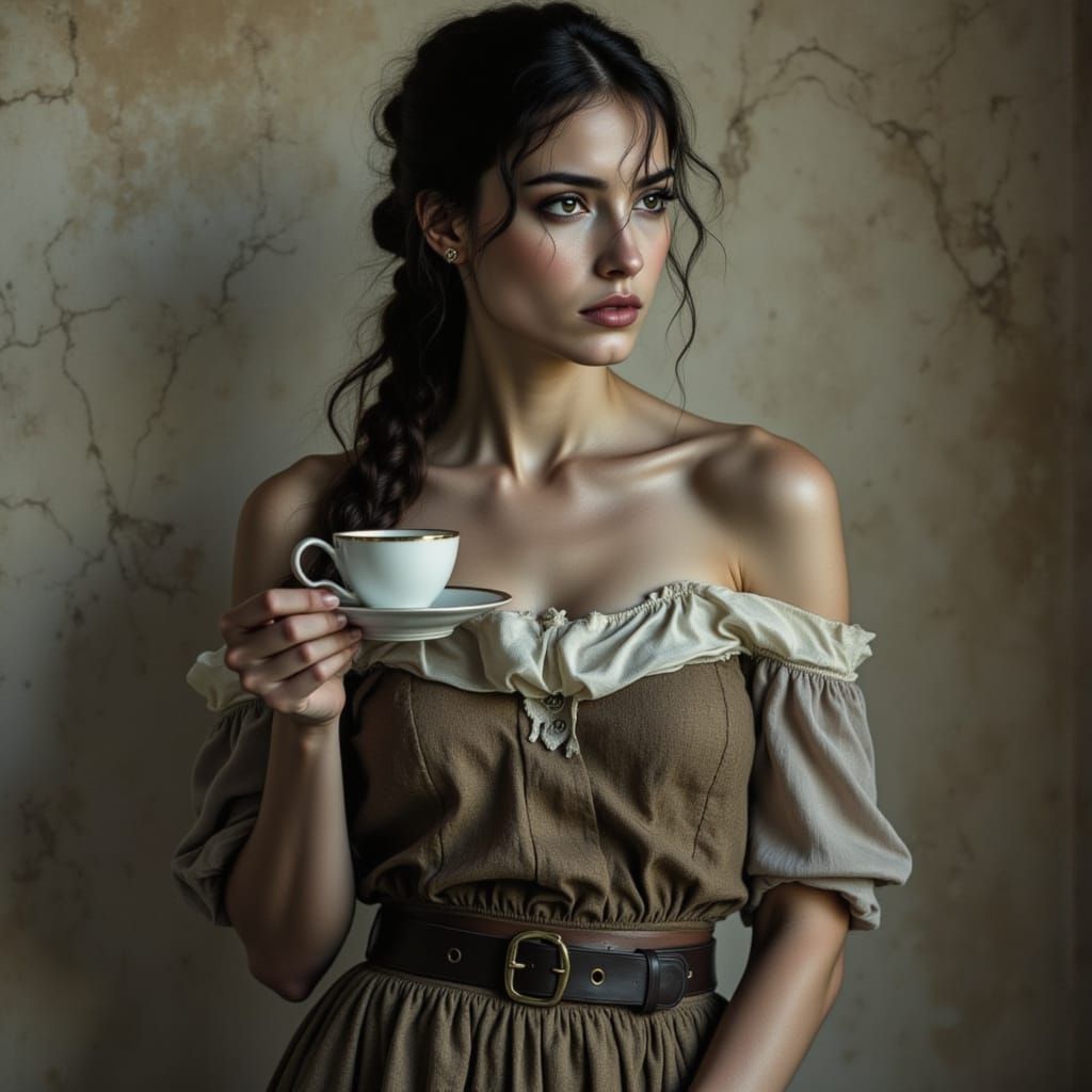 Contemplative Woman with Cups, Cinematic Lighting