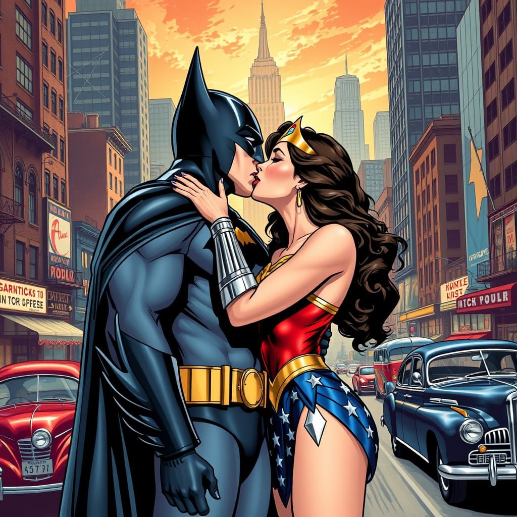 Wonder Woman Kisses Batman in Retro Cityscape
