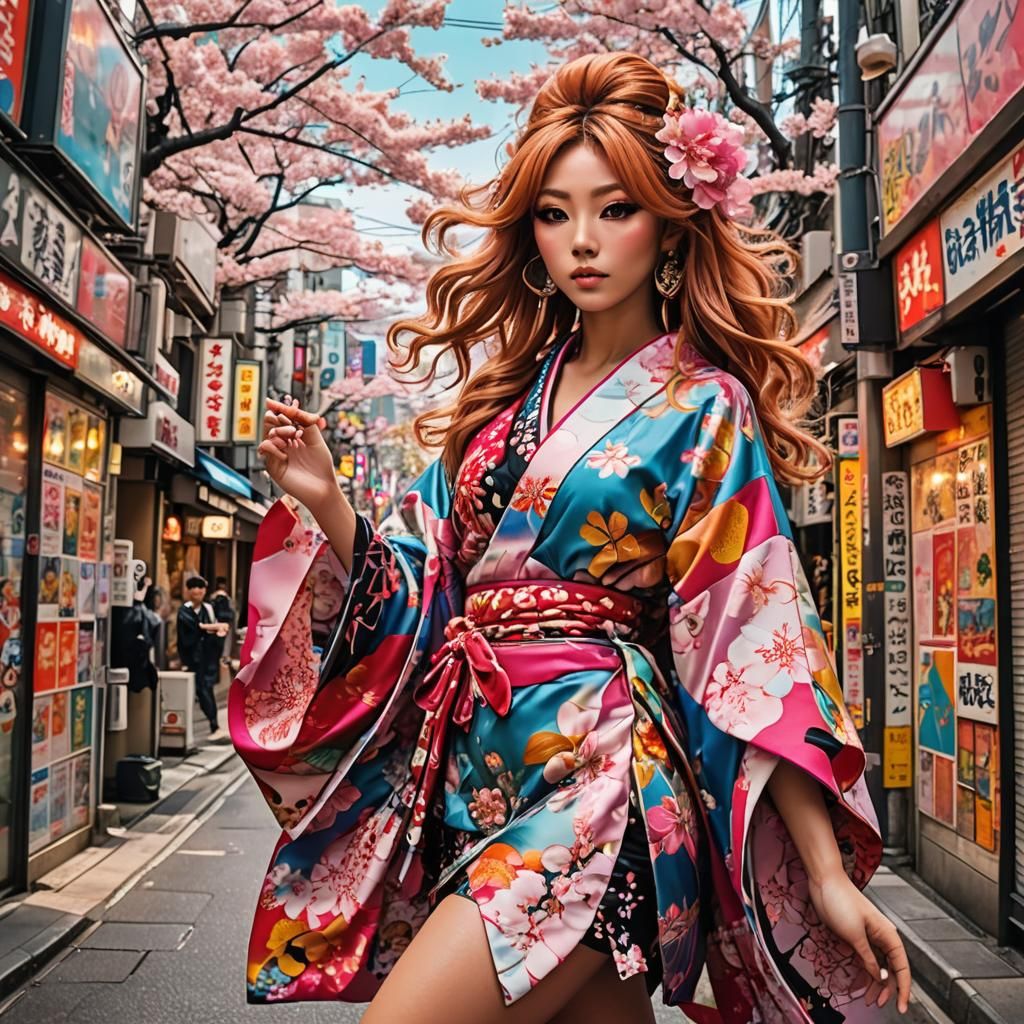 Gyaru Girl in Kimono, 90s Anime Style