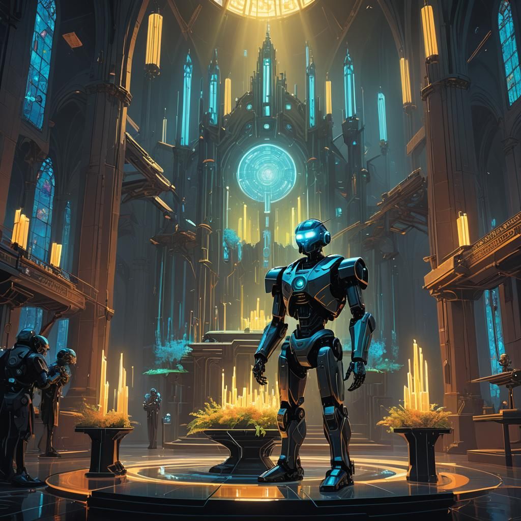 Robot Priest in Futuristic Neon Cathedral