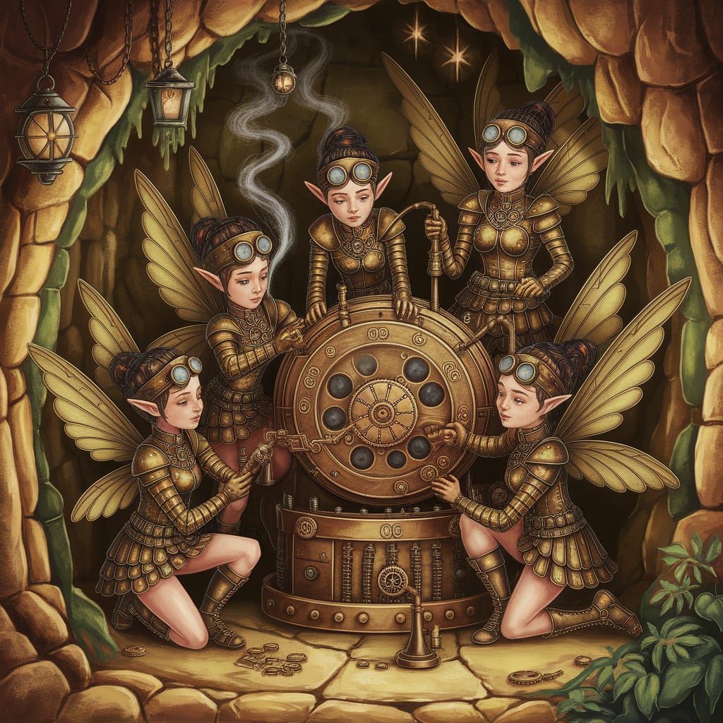 Steampunk Fairies Tinker with Clockwork Contraption