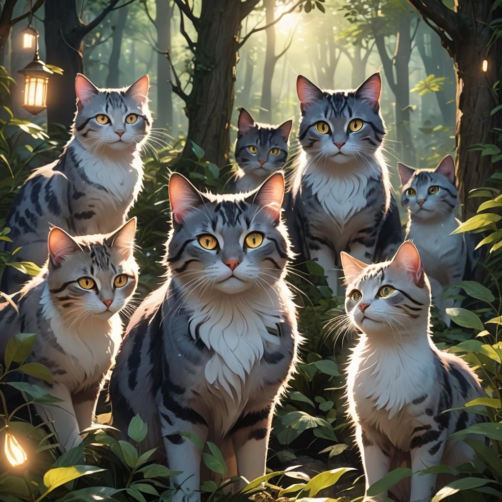 Cats Play in Mystical Forest: 3D Anime Art
