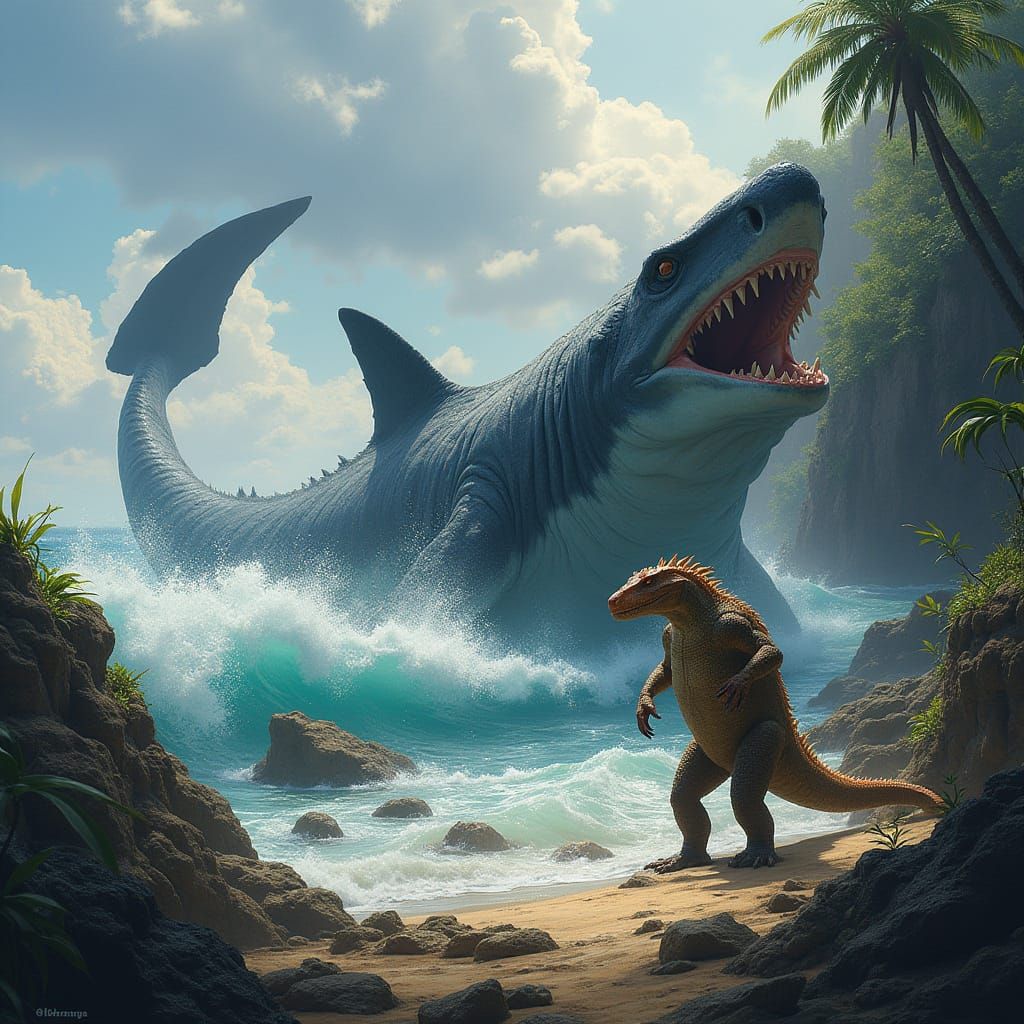 Megalodon and Komodo Dragon Clash in a Tropical Storm