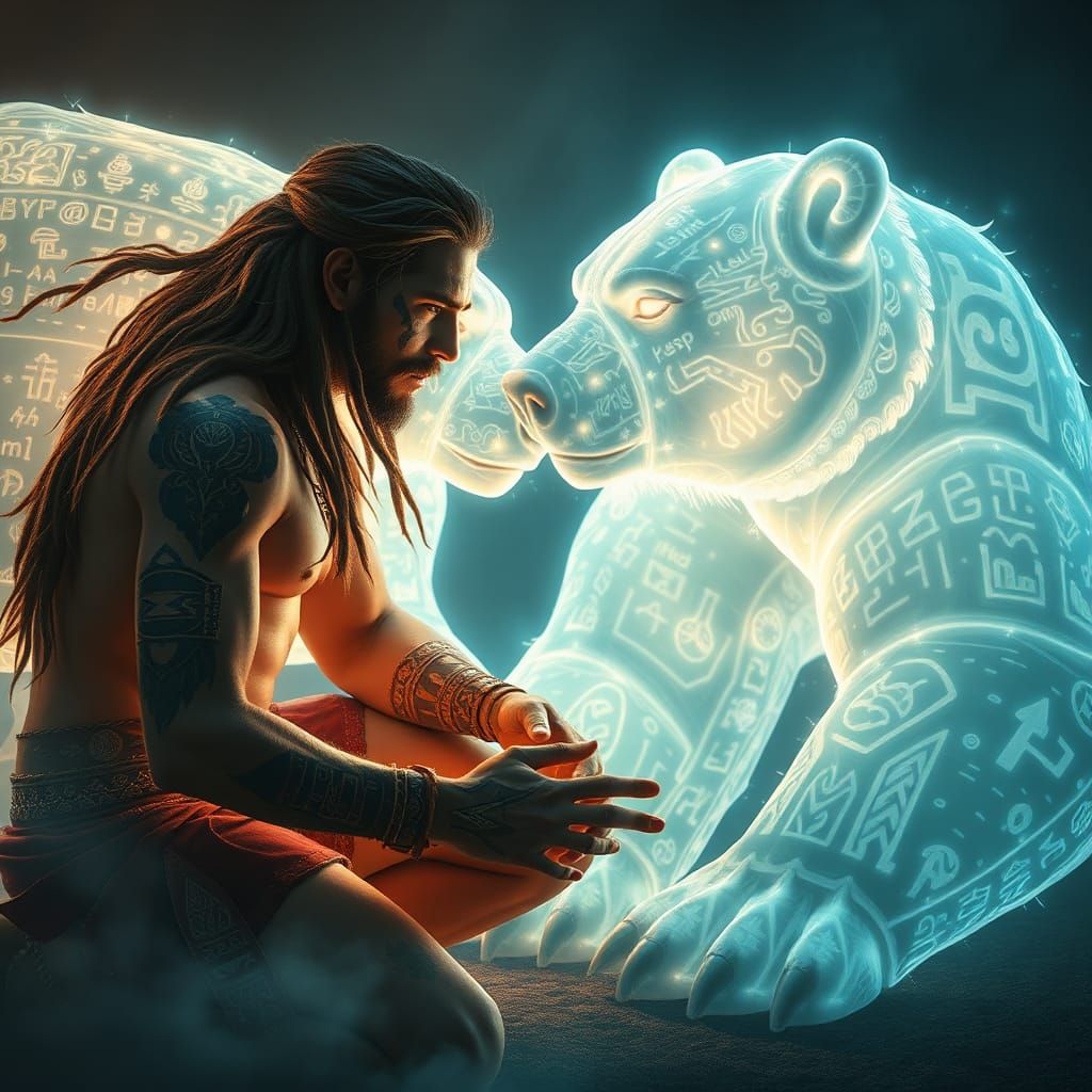 Male warrior, a giant White Bear made of prismatic light