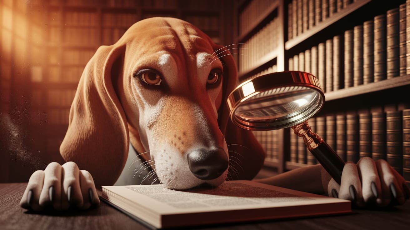 Detective Hound Peers Through Magnifying Glass in Warm Light
