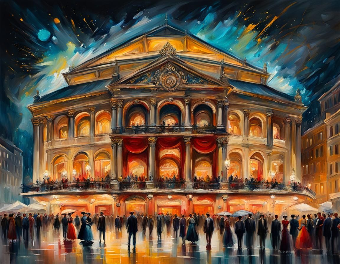 a Night at the Opera, nicely dressed man and women, beautiful opera house exterior, crowded with people, textured Speedp...