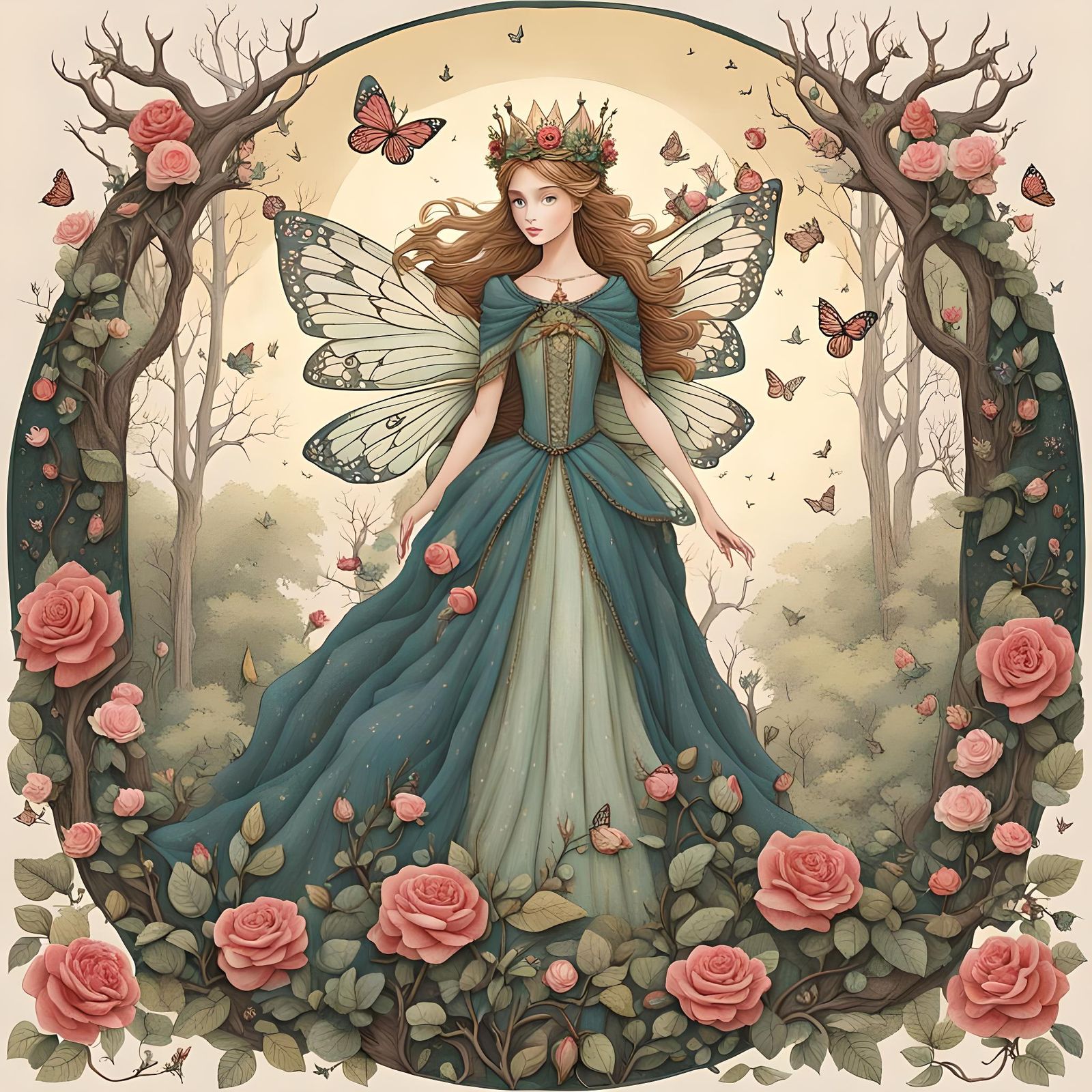 Fairy Queen in Moonlit Grove with Woodland Creatures