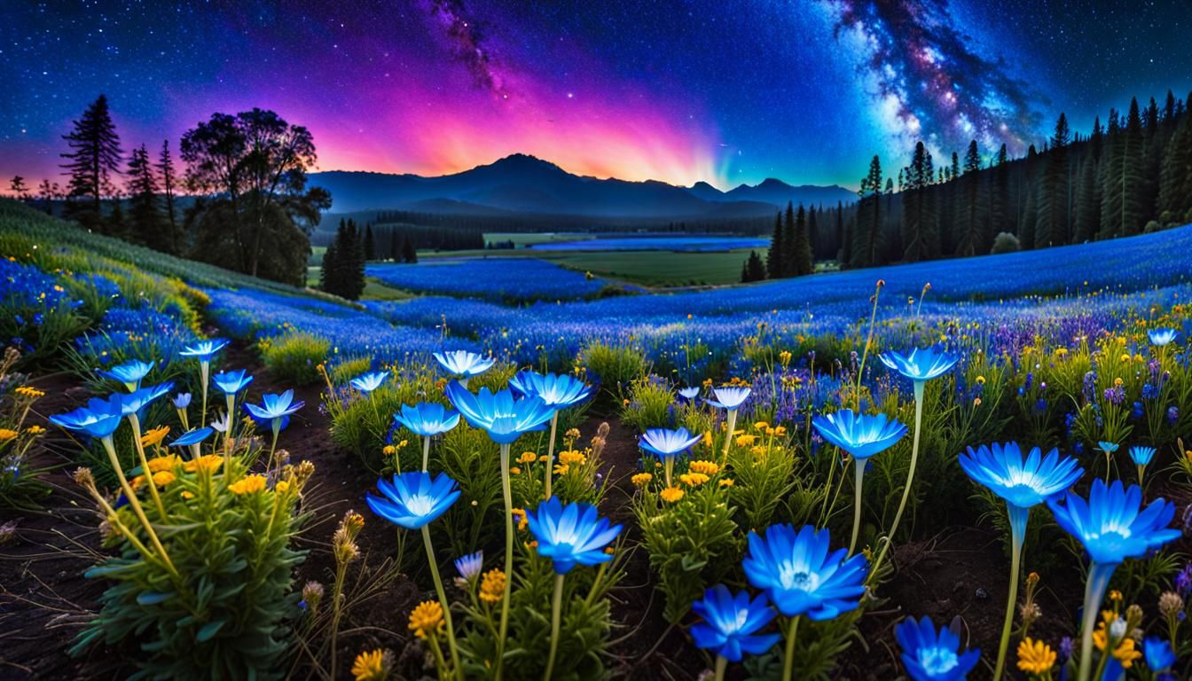 Bioluminescent Wildflower Field Under Cosmic Sky