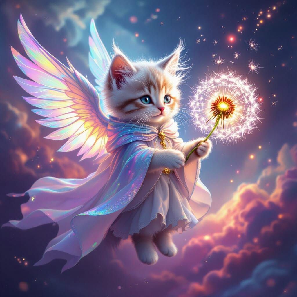 Winged Kitten in Cosmic Nebula with Mechanical Dandelion