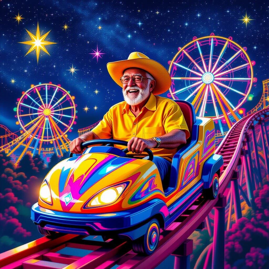 Joyful Old Man on Rollercoaster in Holographic Style