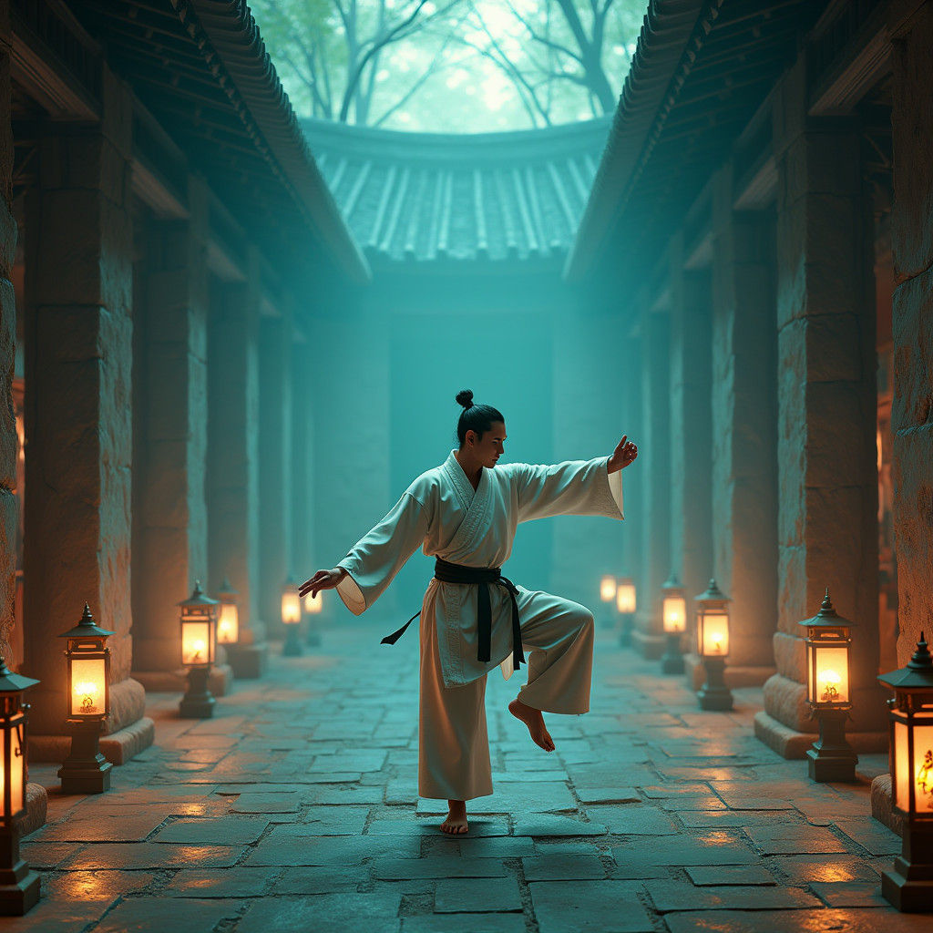 Mystical Warrior Stretching in Ancient School