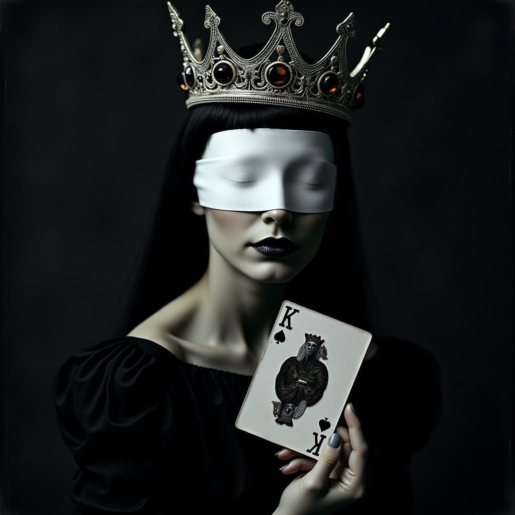 Blindfolded Chess Queen With Crown and Card