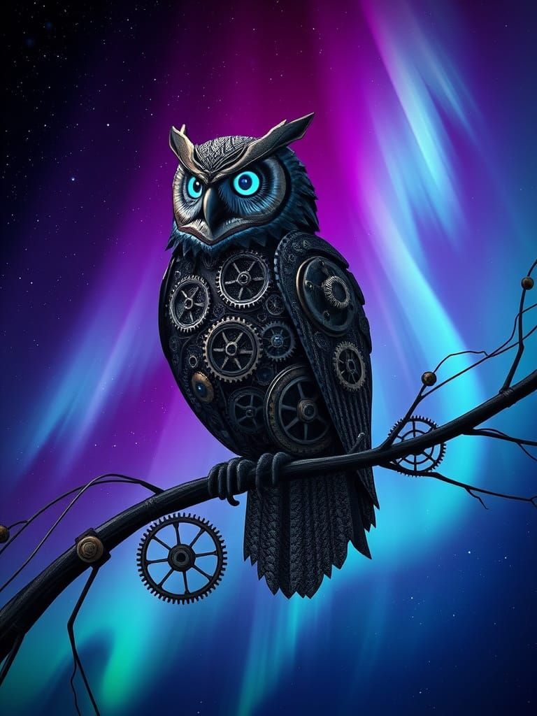 Mechanical Owl Against Aurora Sky in Steampunk Style