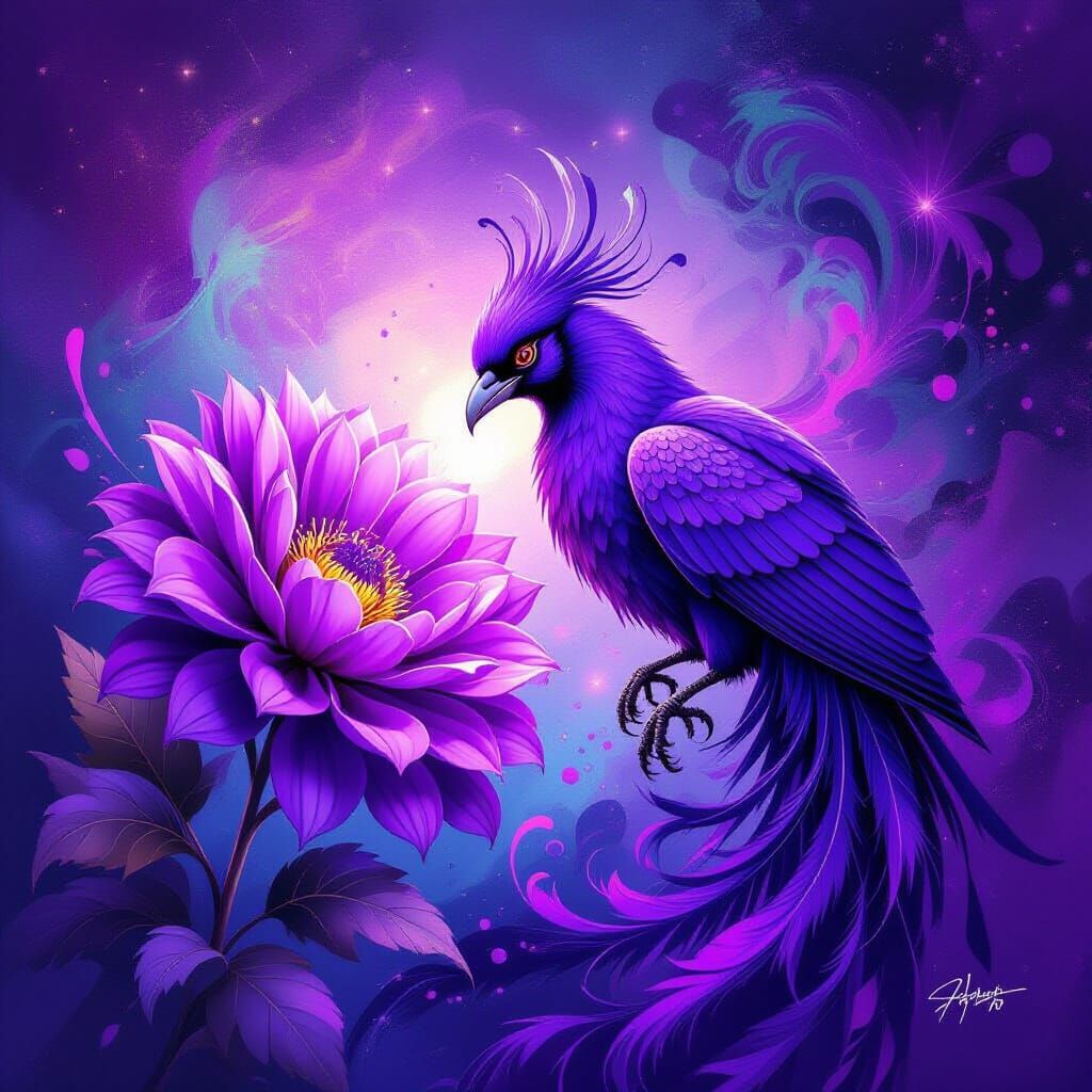 Purple Phoenix and Flower in Graffiti Art Style