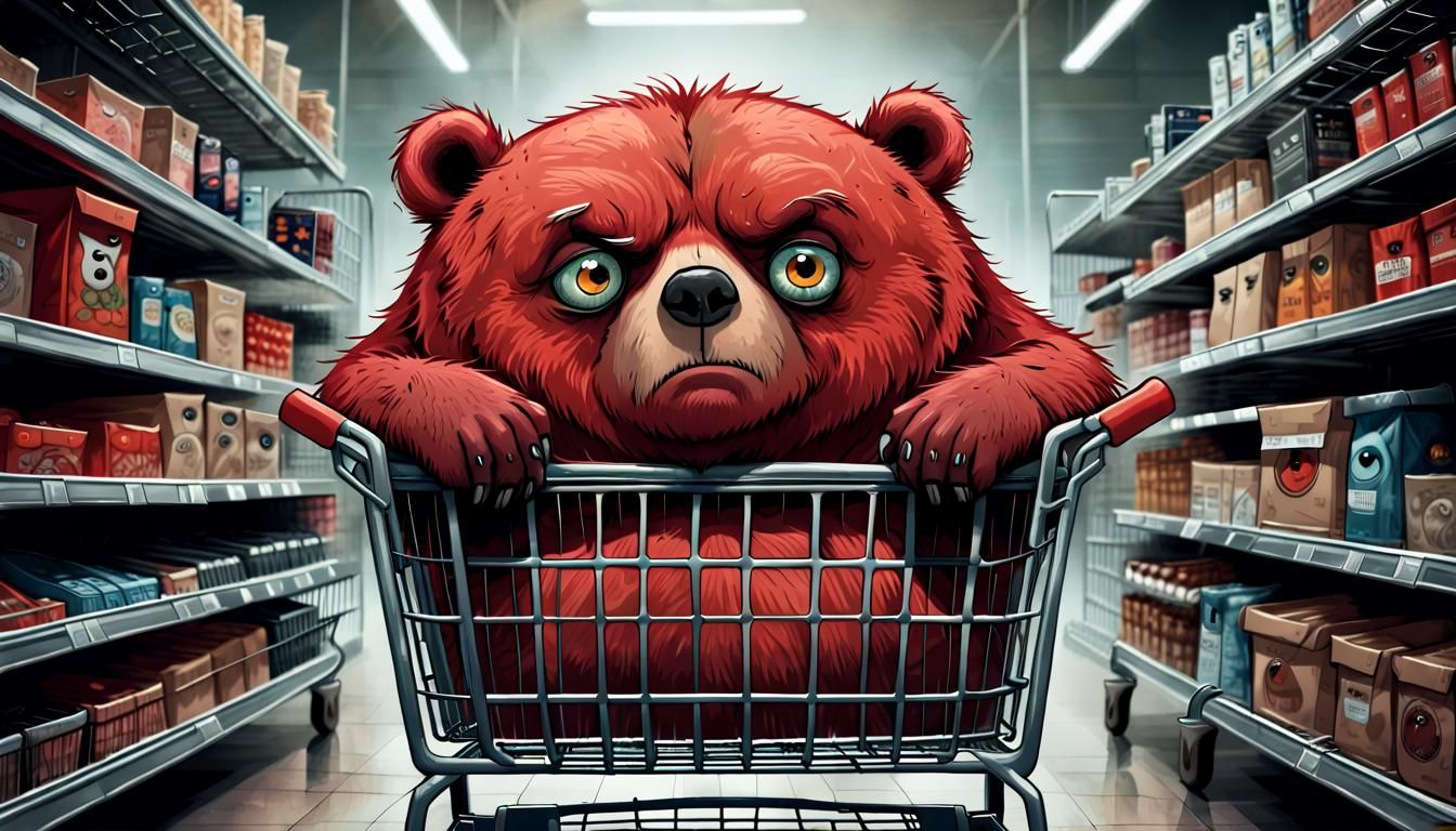 Sleepy Red Bear in a Shopping Cart Frowns in Discontent