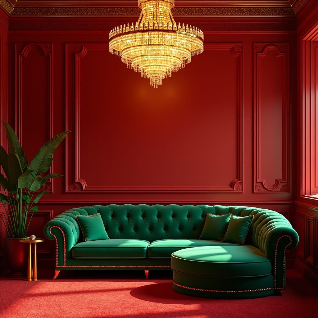 Opulent Red Room with Green Sofa, Chandelier