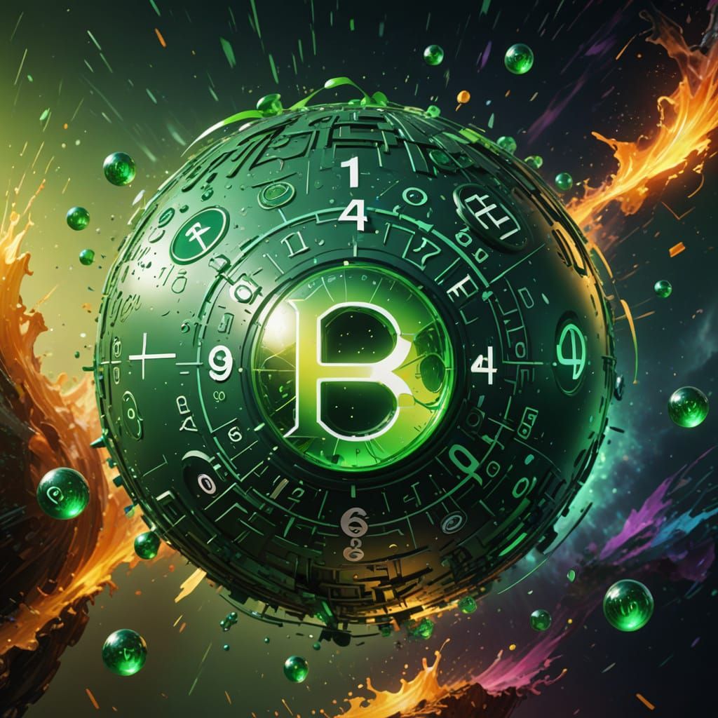 Hyperrealistic Green Orb with Symbols and Numbers