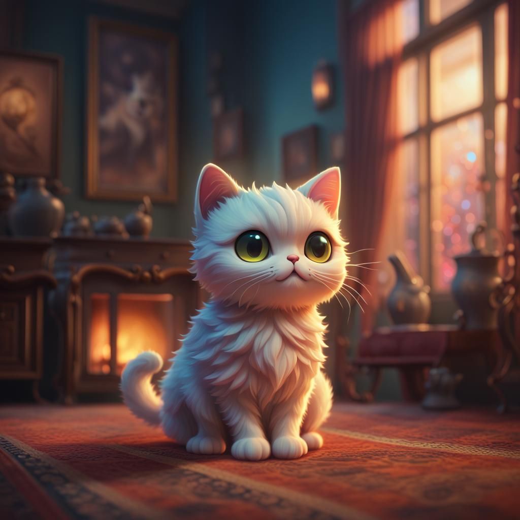 Chibi Cat Ghost in Warm Room, Digital Painting