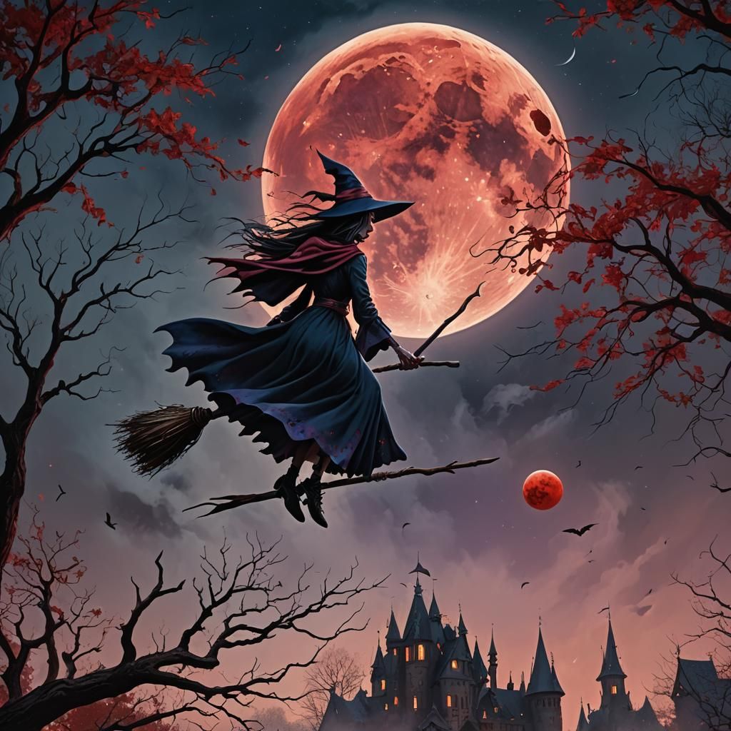Witch Flying Before Blood Moon: Matte Painting