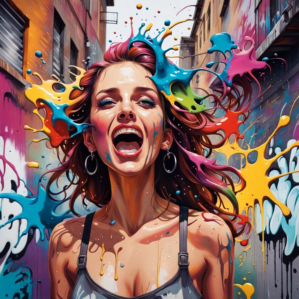 Vibrant Woman in Colorful Graffiti Splash Art
