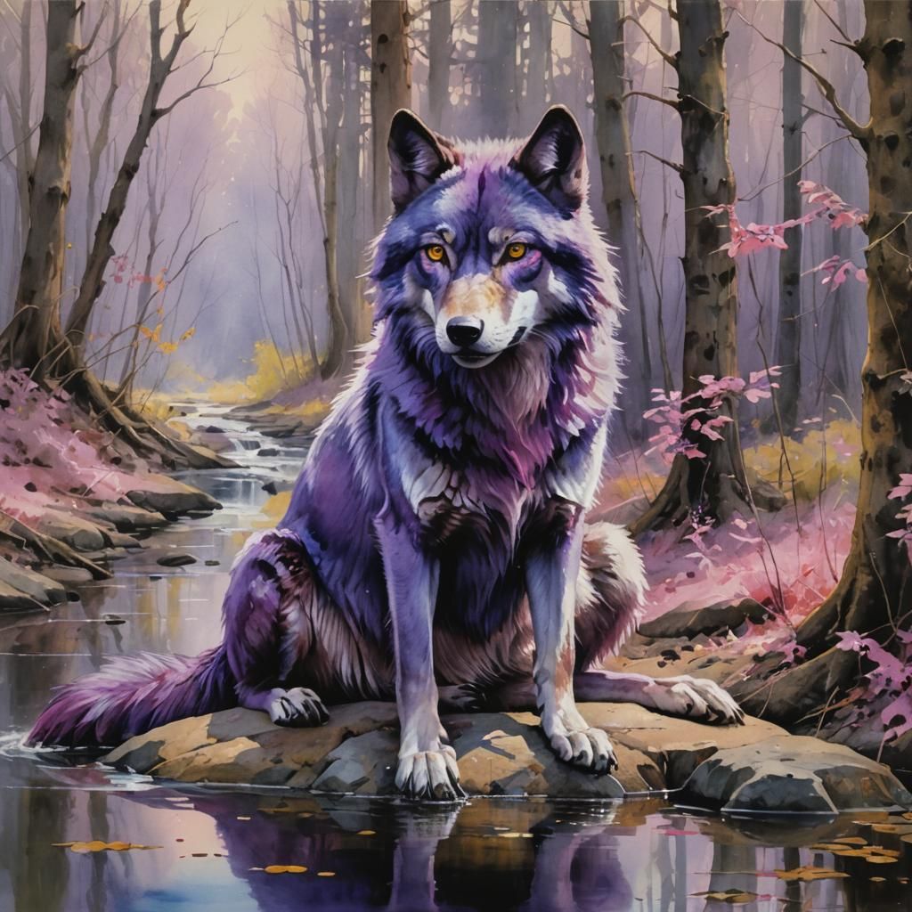 Watercolor Purple Wolf with Pink Eyes